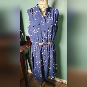Always Indigo Women's Blue and White Sleeveless Bird Print Dress Size 1X